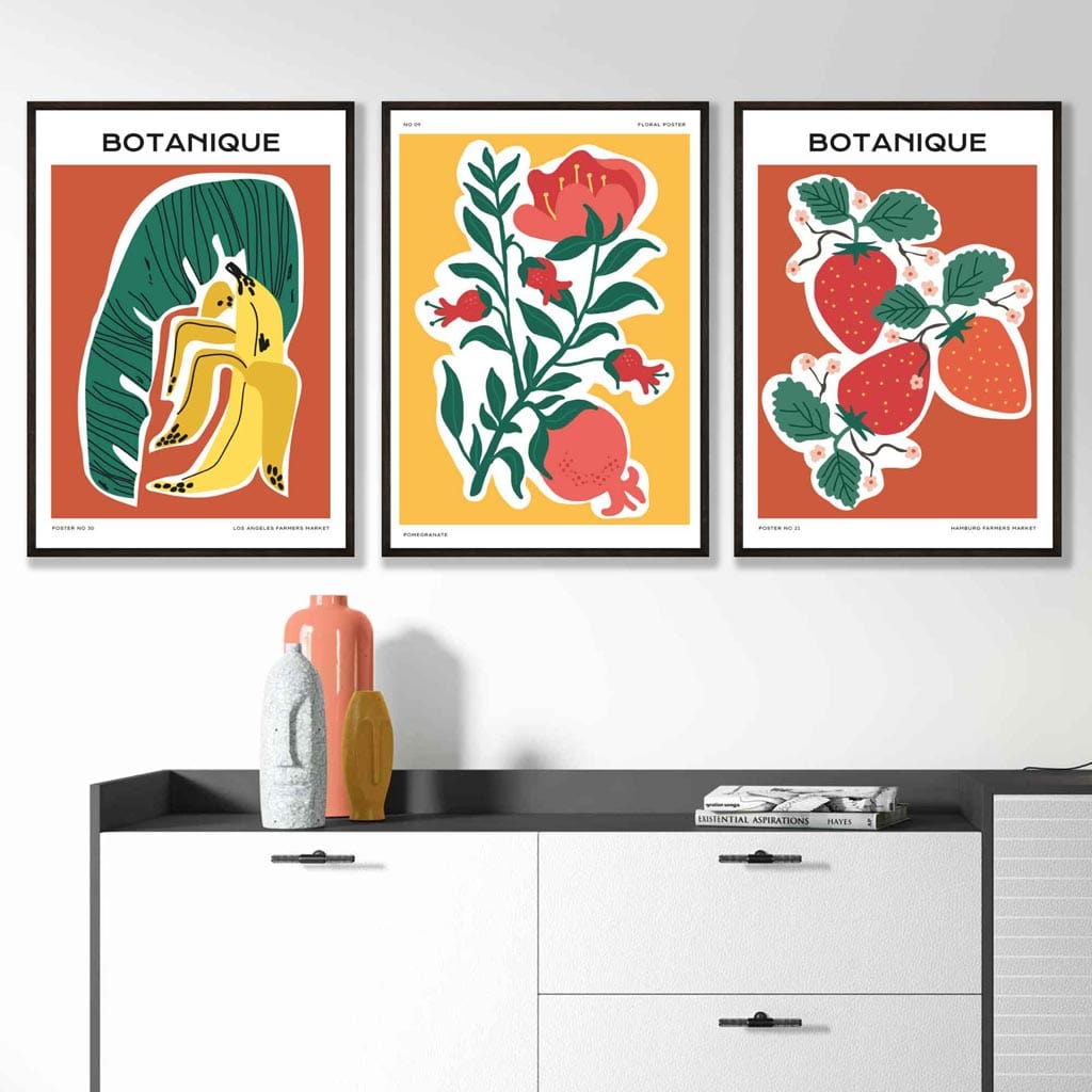 Set of 3 Artisan Fruit Posters in Red Green Yellow