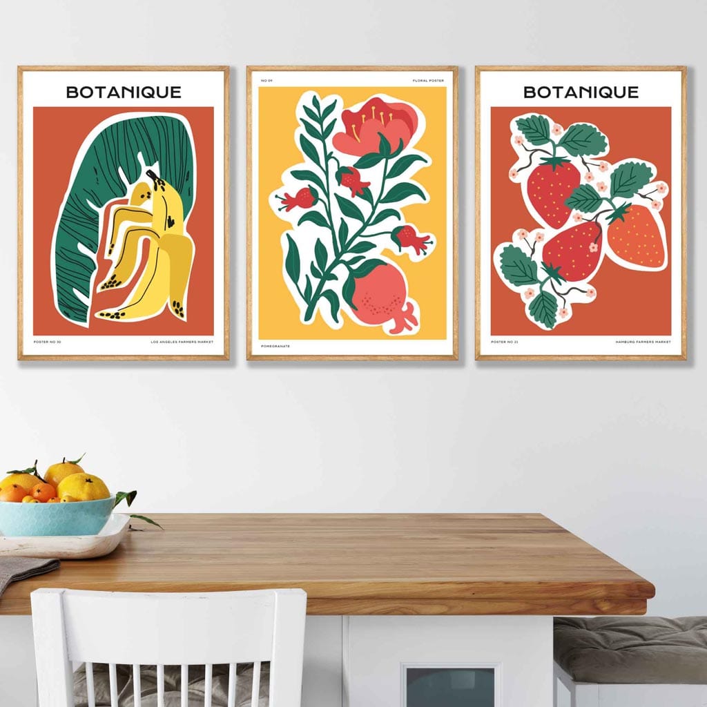 Set of 3 Artisan Fruit Posters in Red Green Yellow