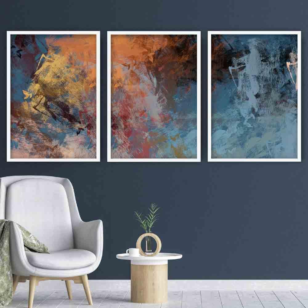 Set of 3 Abstract Blue and Orange Wall Art Prints