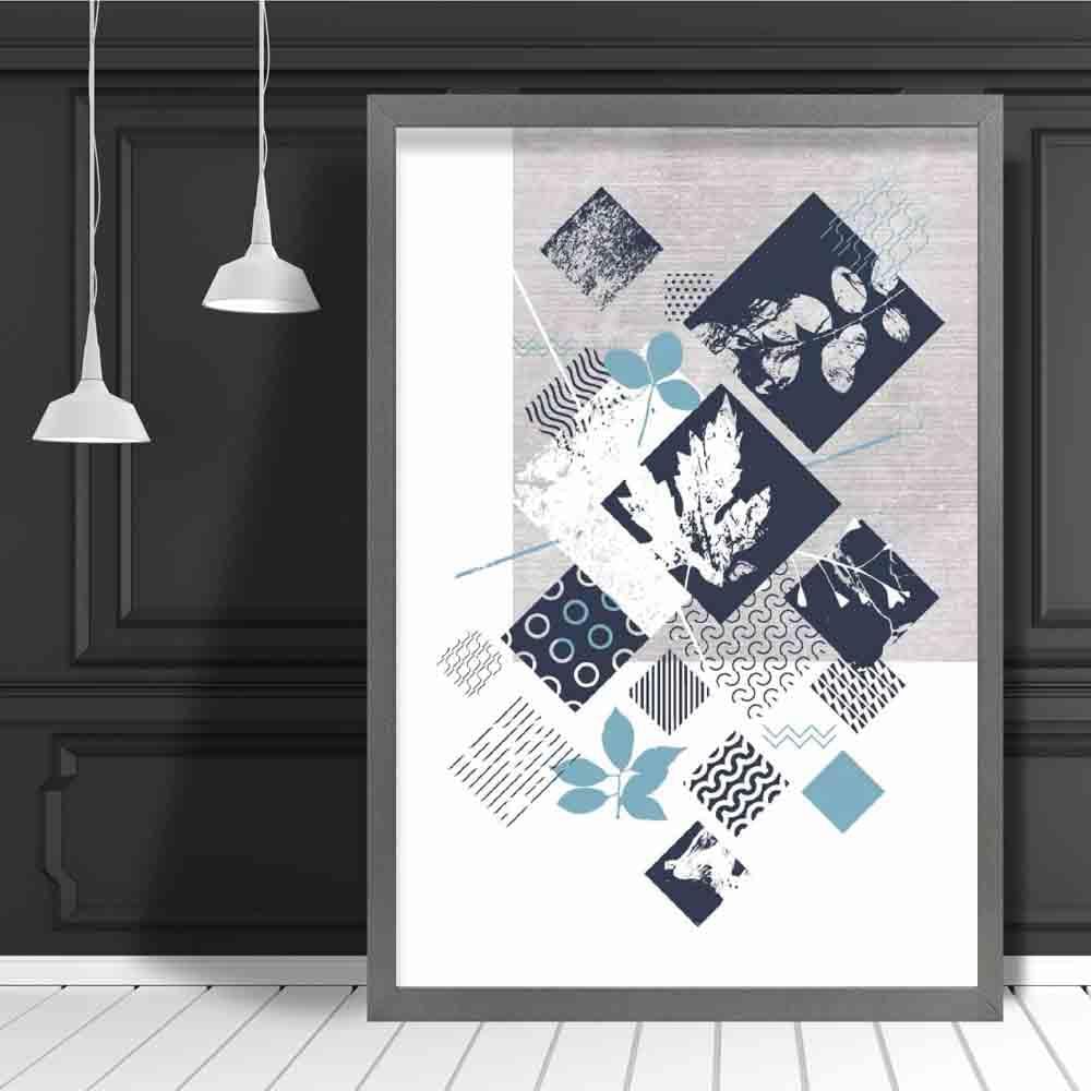 BOTANICAL Abstract GEOMETRIC Navy Blue and Aqua Floral Print 03