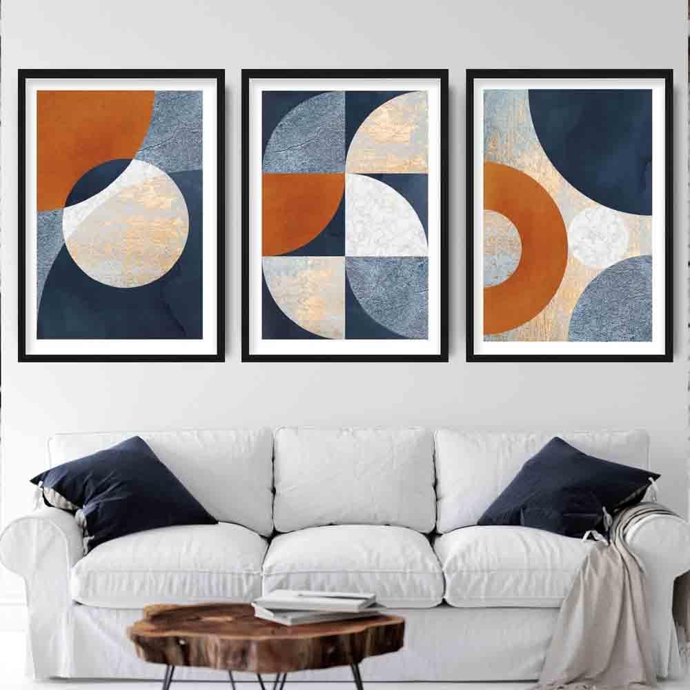 GEOMETRIC set of 3 Navy Blue Orange and Gold Art Prints Abstract Textured Circles