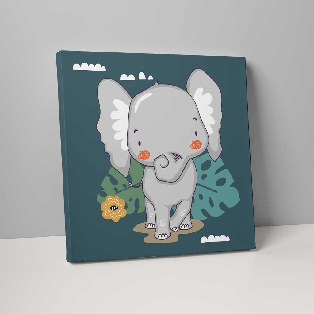 Boho Safari Jungle Elephant Teal Blue and Grey on Canvas
