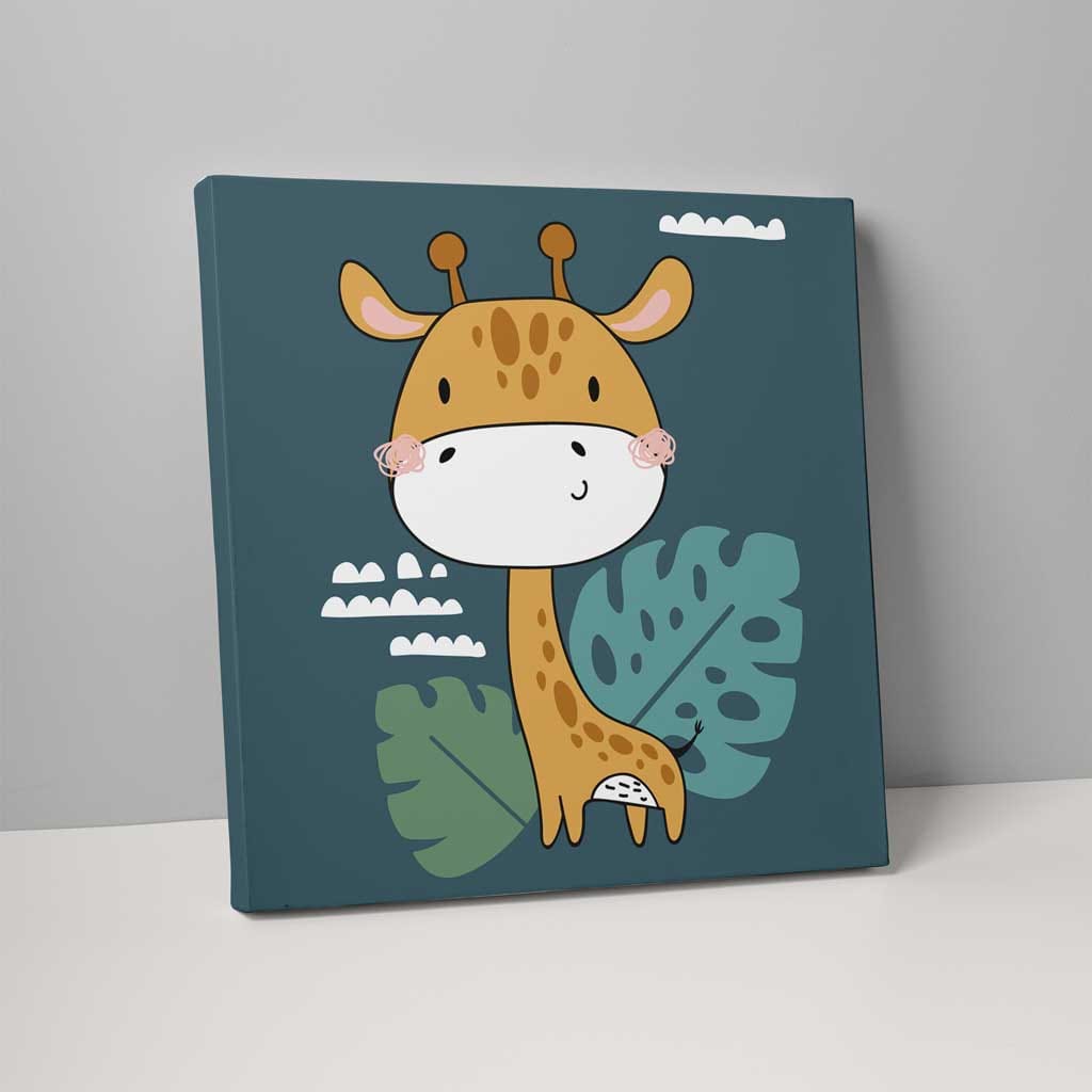 Boho Safari Jungle Giraffe Teal Blue and Yellow on Canvas
