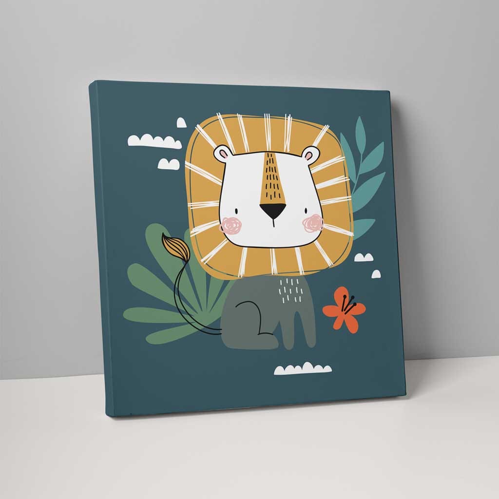 Boho Safari Jungle Lion Teal Blue and Yellow on Canvas