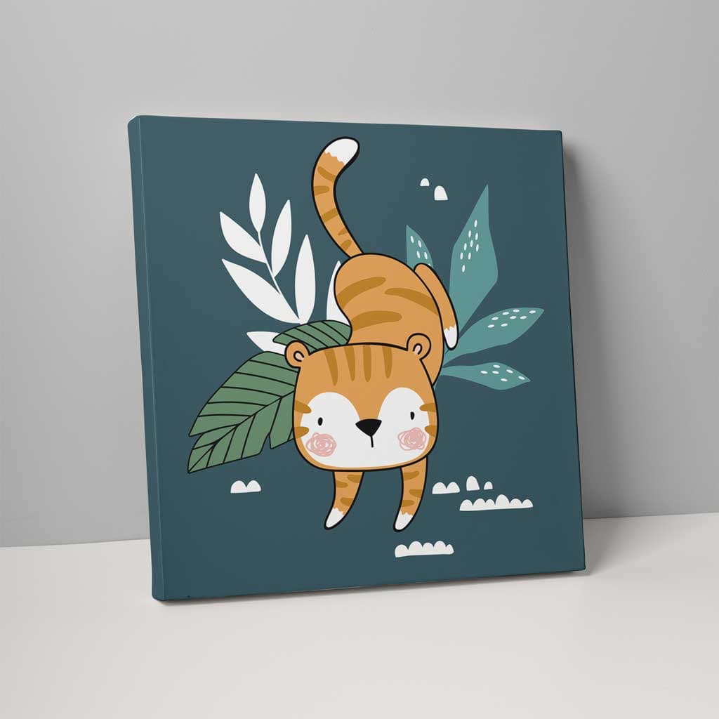 Boho Safari Jungle Tiger Teal Blue and Orange on Canvas
