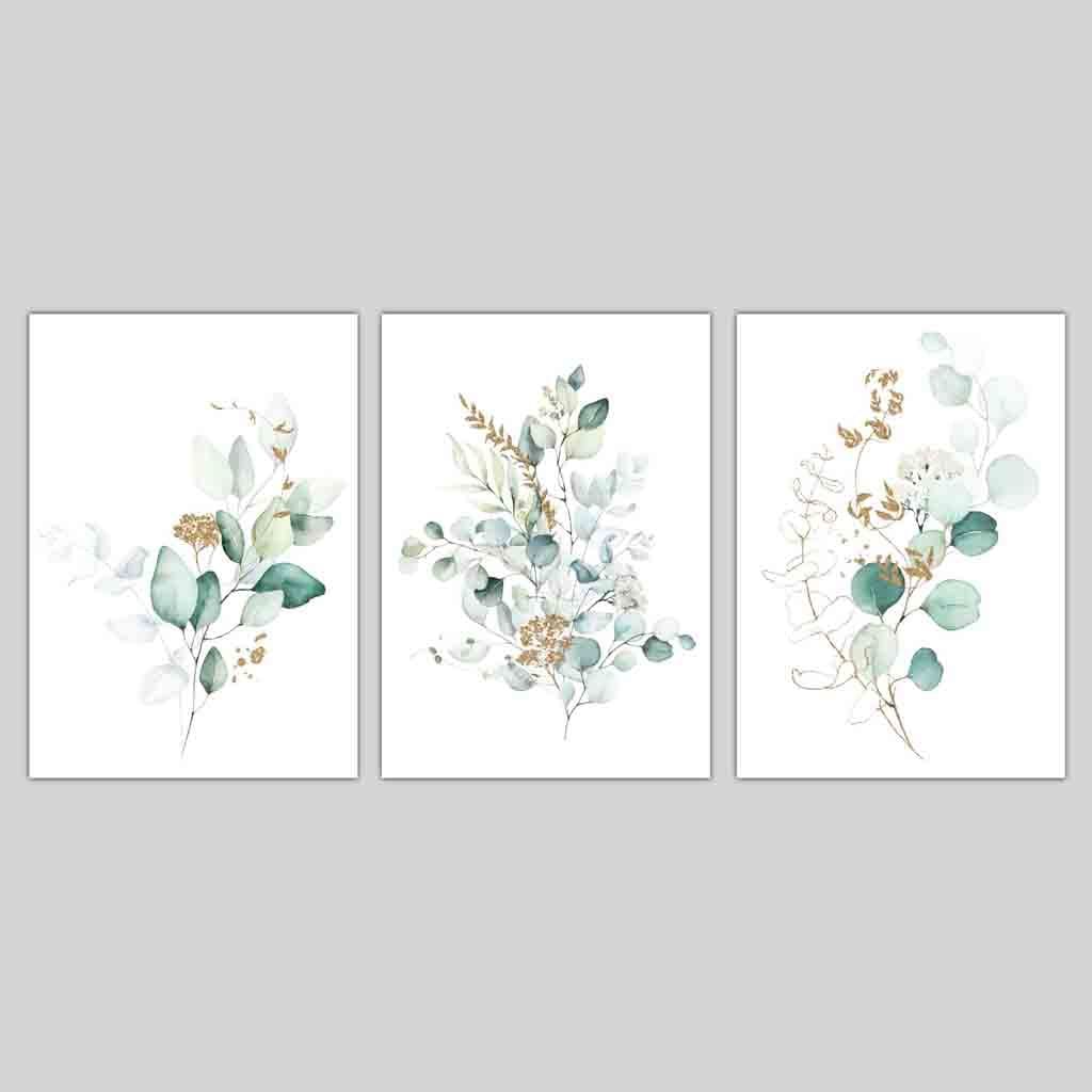 BOTANICAL Set of 3 Eucalyptus Blue Green and Gold Prints