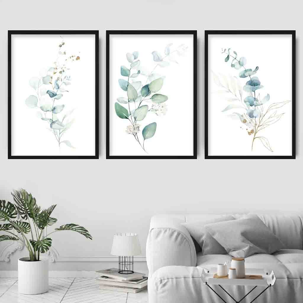 FLORAL Set of 3 Eucalyptus Blue Green and Gold Splash Prints