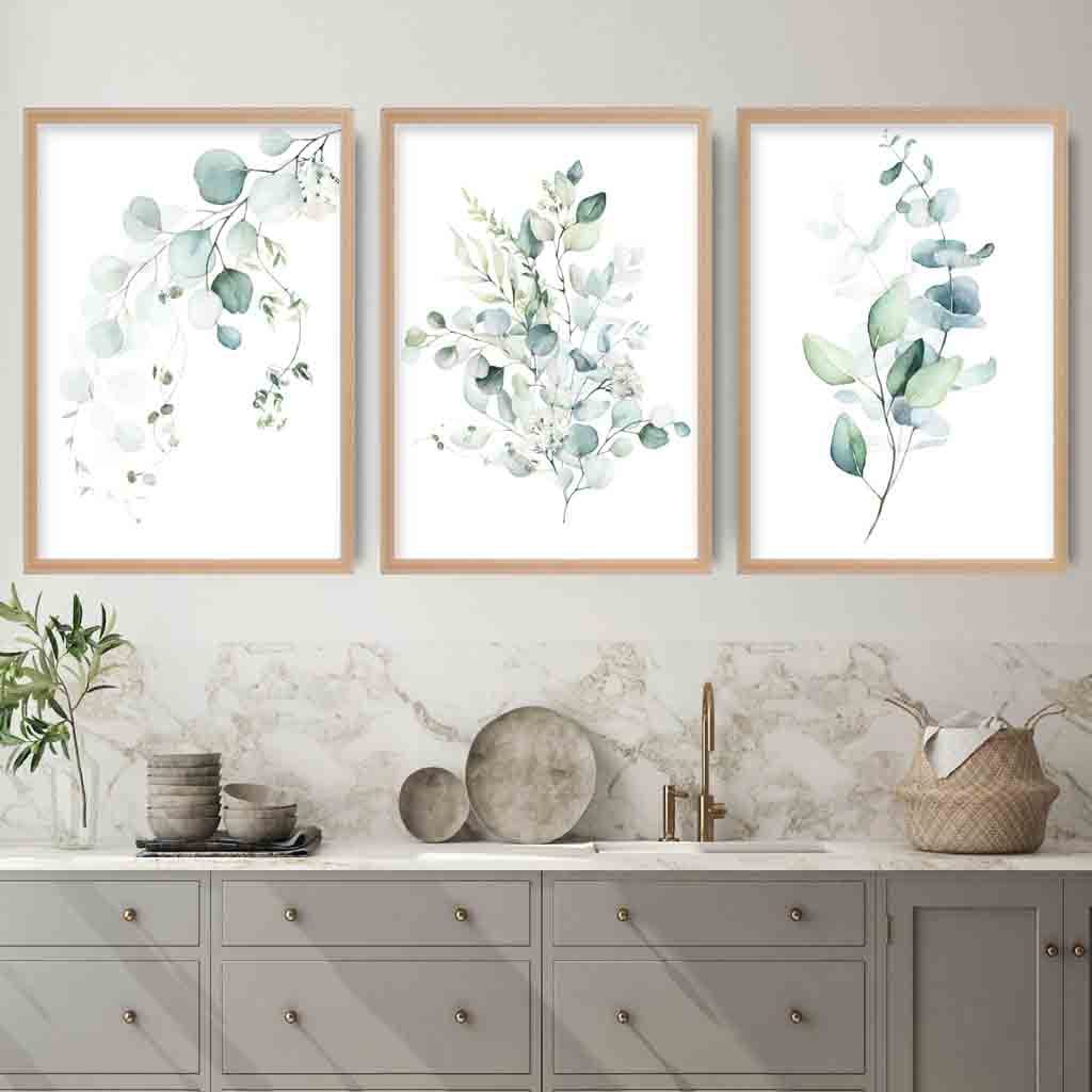 FLORAL Set of 3 Eucalyptus Blue Green Leaves Art Prints