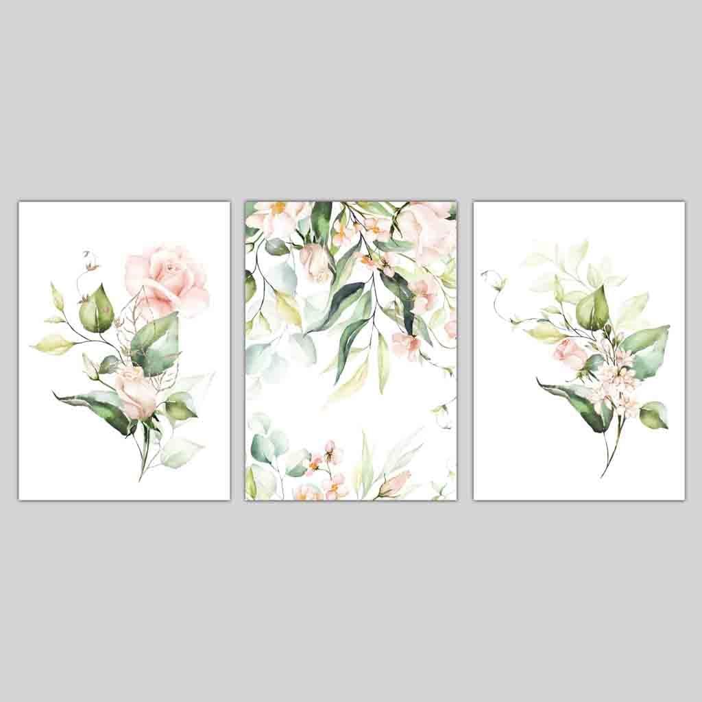 FLORAL Set of 3 Pink and Green Roses Leaves Art Prints