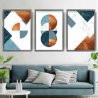 GEOMETRIC set of 3 Teal Blue Orange Art Prints Abstract Textured Circles Triangles