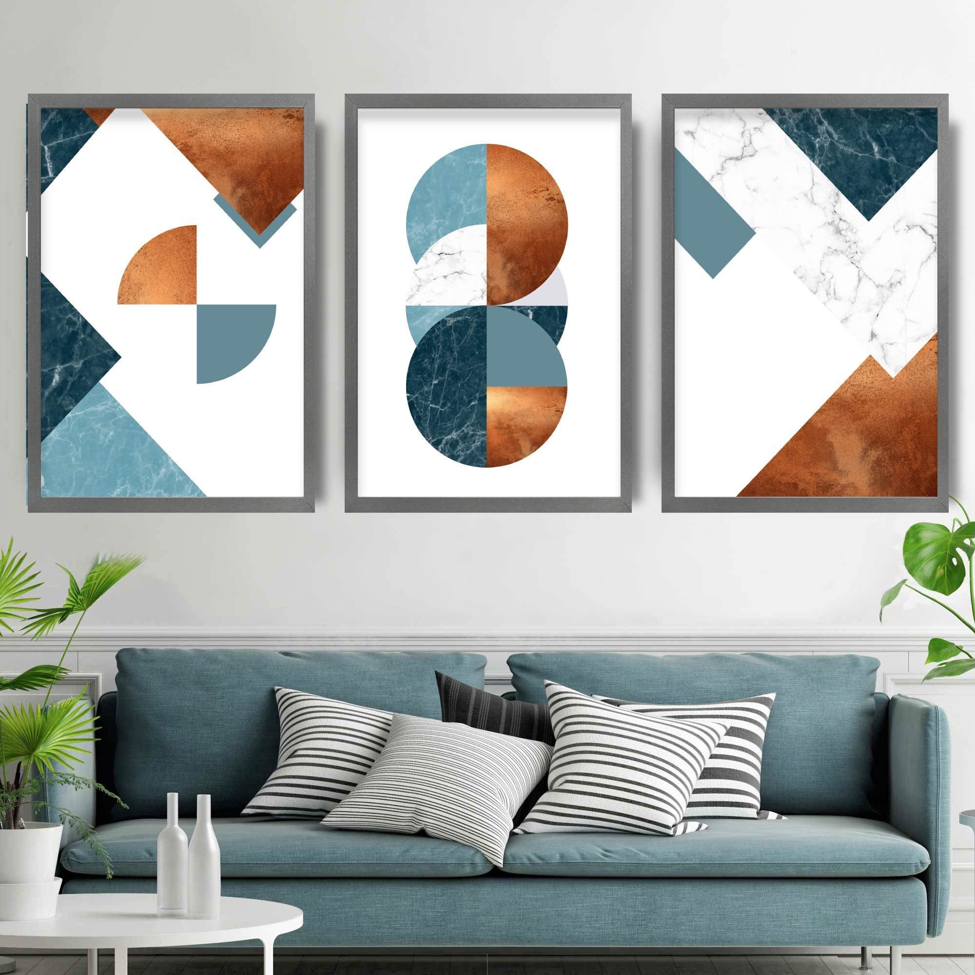 GEOMETRIC set of 3 Teal Blue Orange Art Prints Abstract Textured Circles Triangles