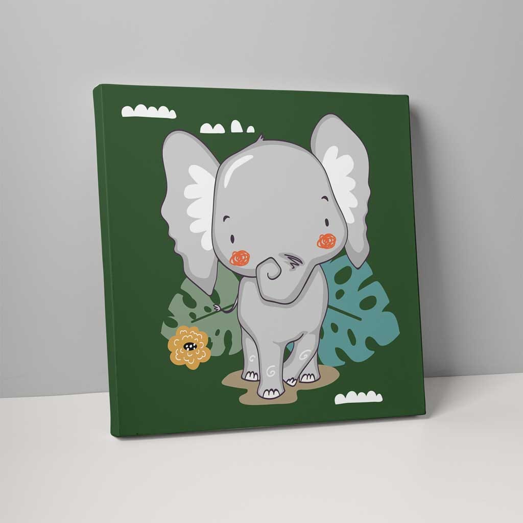Boho Safari Jungle Elephant Dark Green and Grey on Canvas