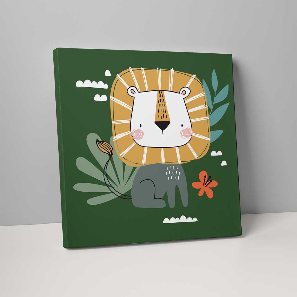 Boho Safari Jungle Lion Dark Green and Yellow on Canvas