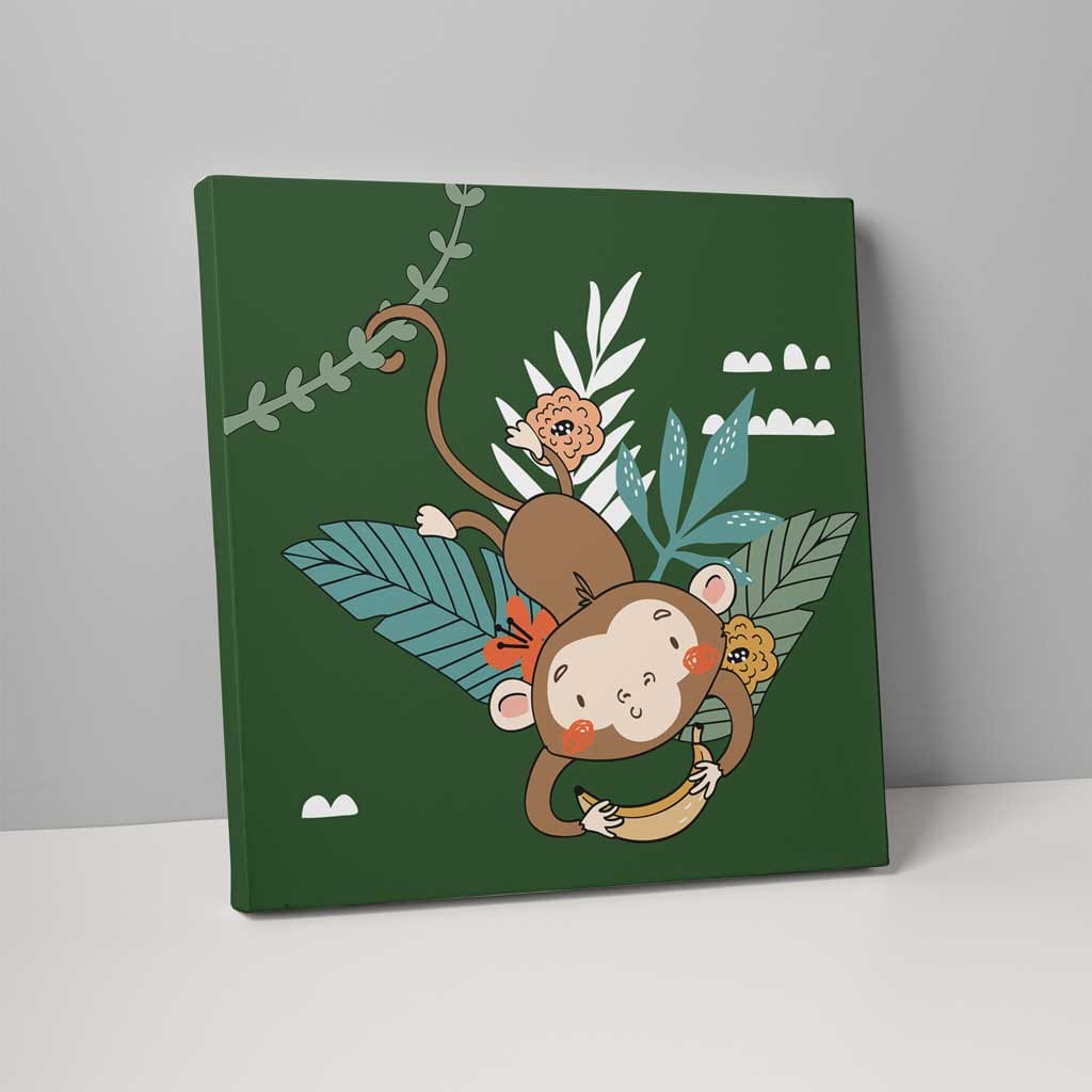 Boho Safari Jungle Monkey Dark Green and Yellow on Canvas
