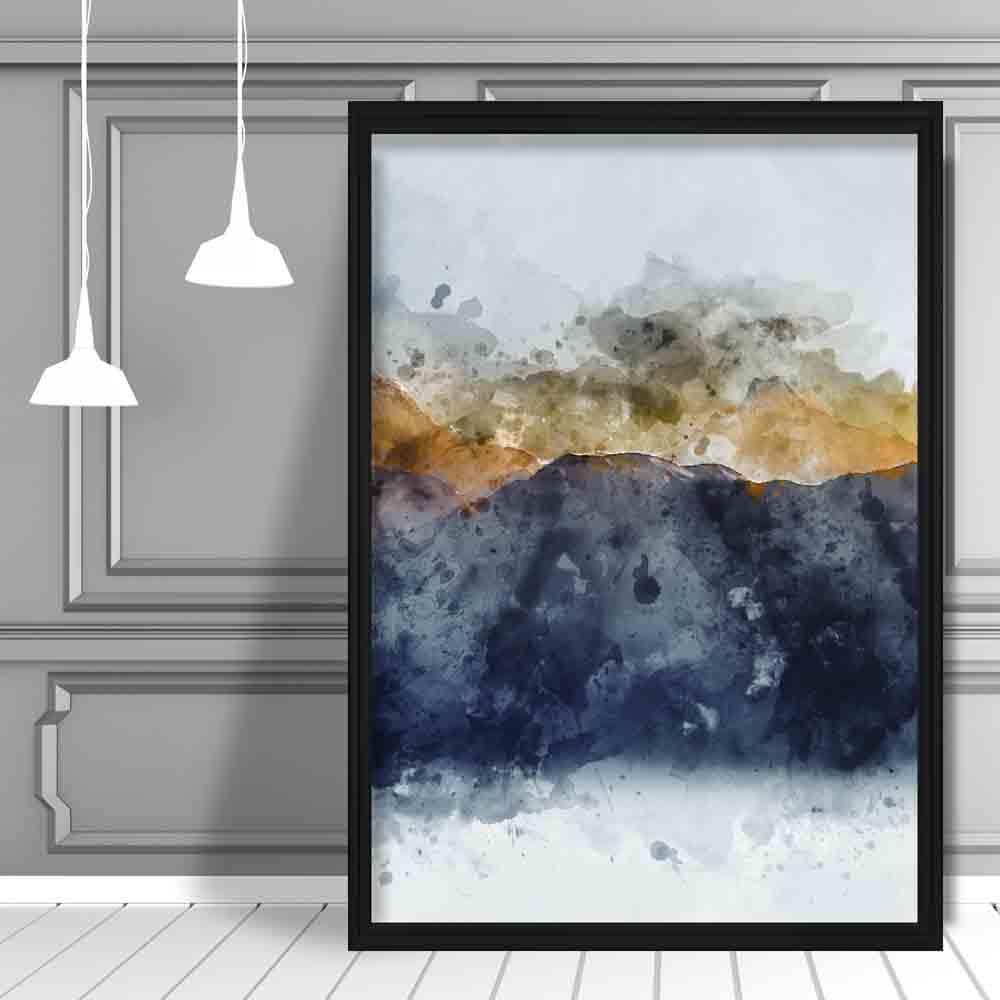 Navy Blue & Yellow Mountains Abstract Watercolour 3 Poster
