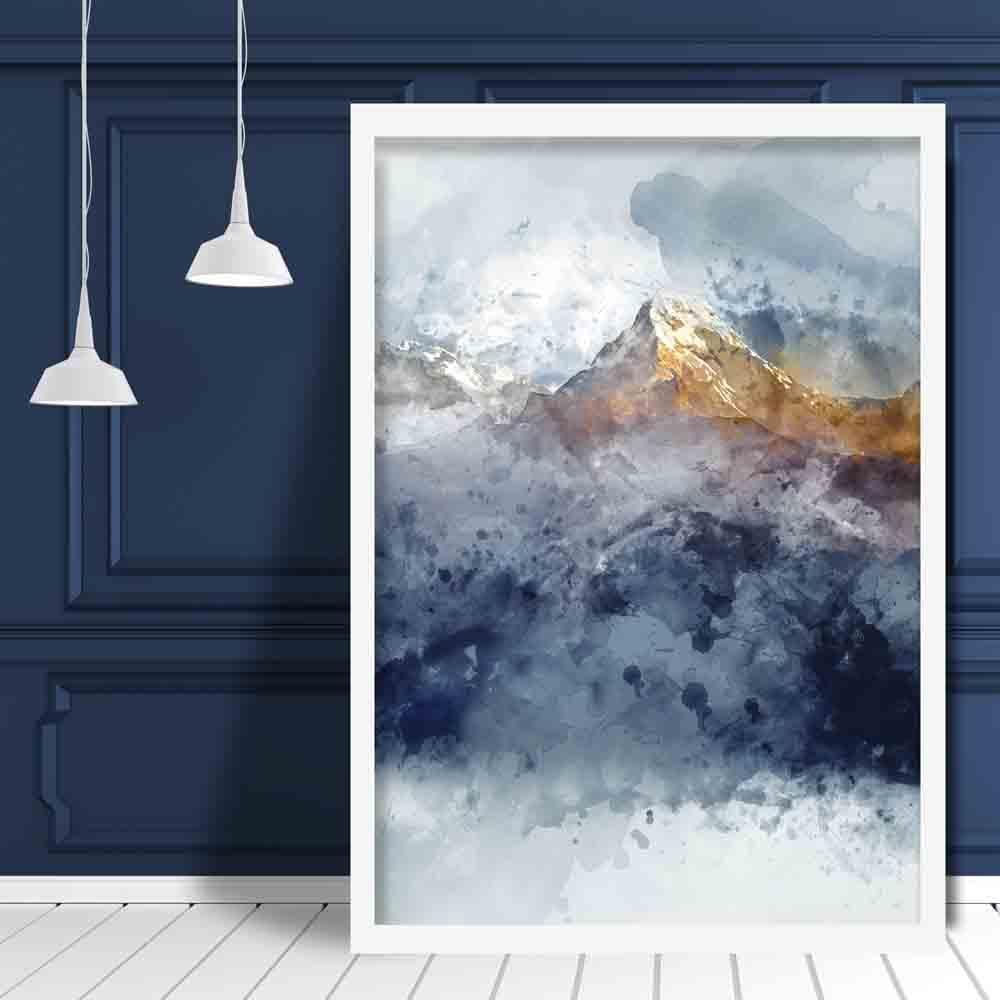 Navy Blue & Yellow Mountains Abstract Watercolour 2 Poster