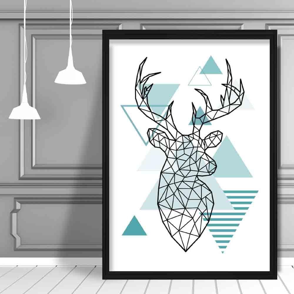 Stag Head Looking Right Abstract Geometric Scandinavian Aqua Blue Poster
