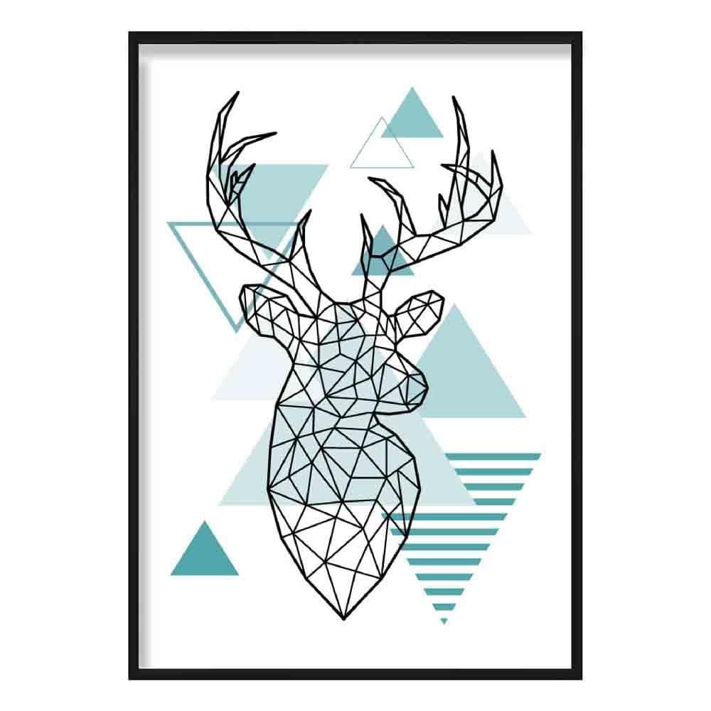 Stag Head Looking Right Abstract Geometric Scandinavian Aqua Blue Poster