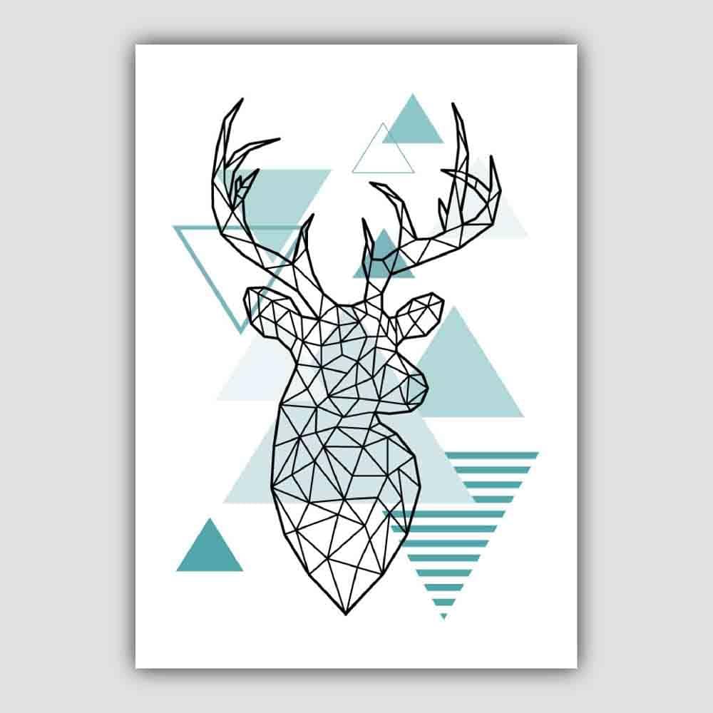 Stag Head Looking Right Abstract Geometric Scandinavian Aqua Blue Poster