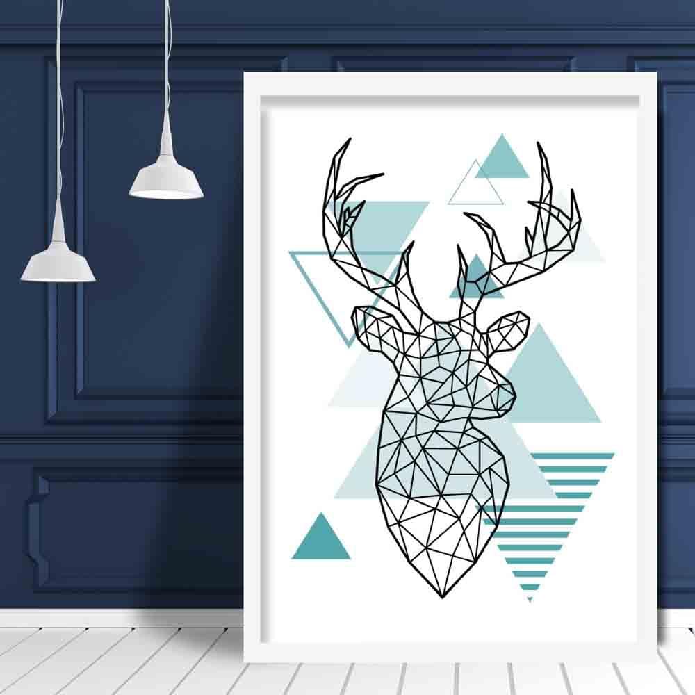 Stag Head Looking Right Abstract Geometric Scandinavian Aqua Blue Poster