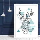Stag Head Looking Right Abstract Geometric Scandinavian Aqua Blue Poster