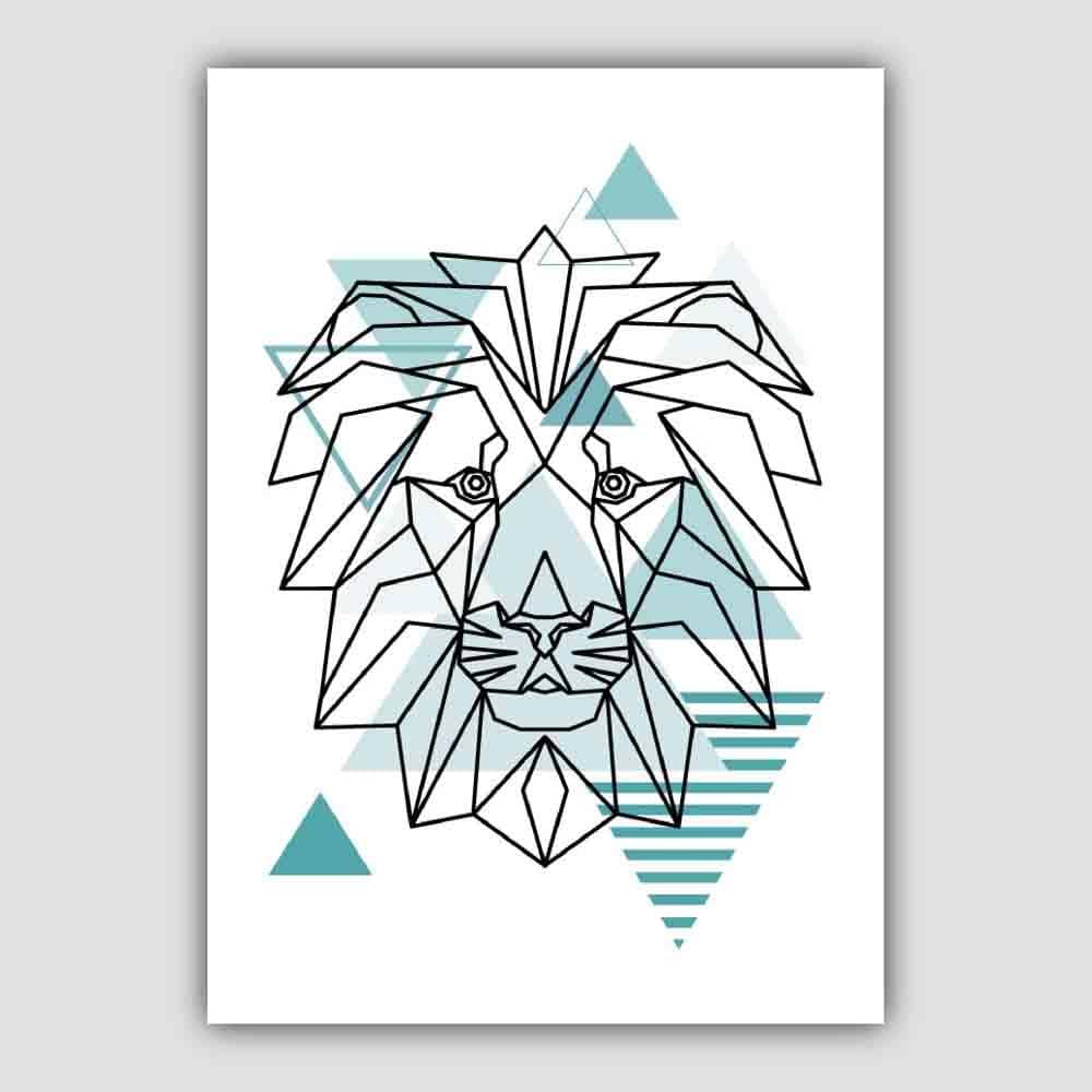 Lion Head Abstract Geometric Scandinavian Aqua Blue Poster