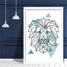 Lion Head Abstract Geometric Scandinavian Aqua Blue Poster