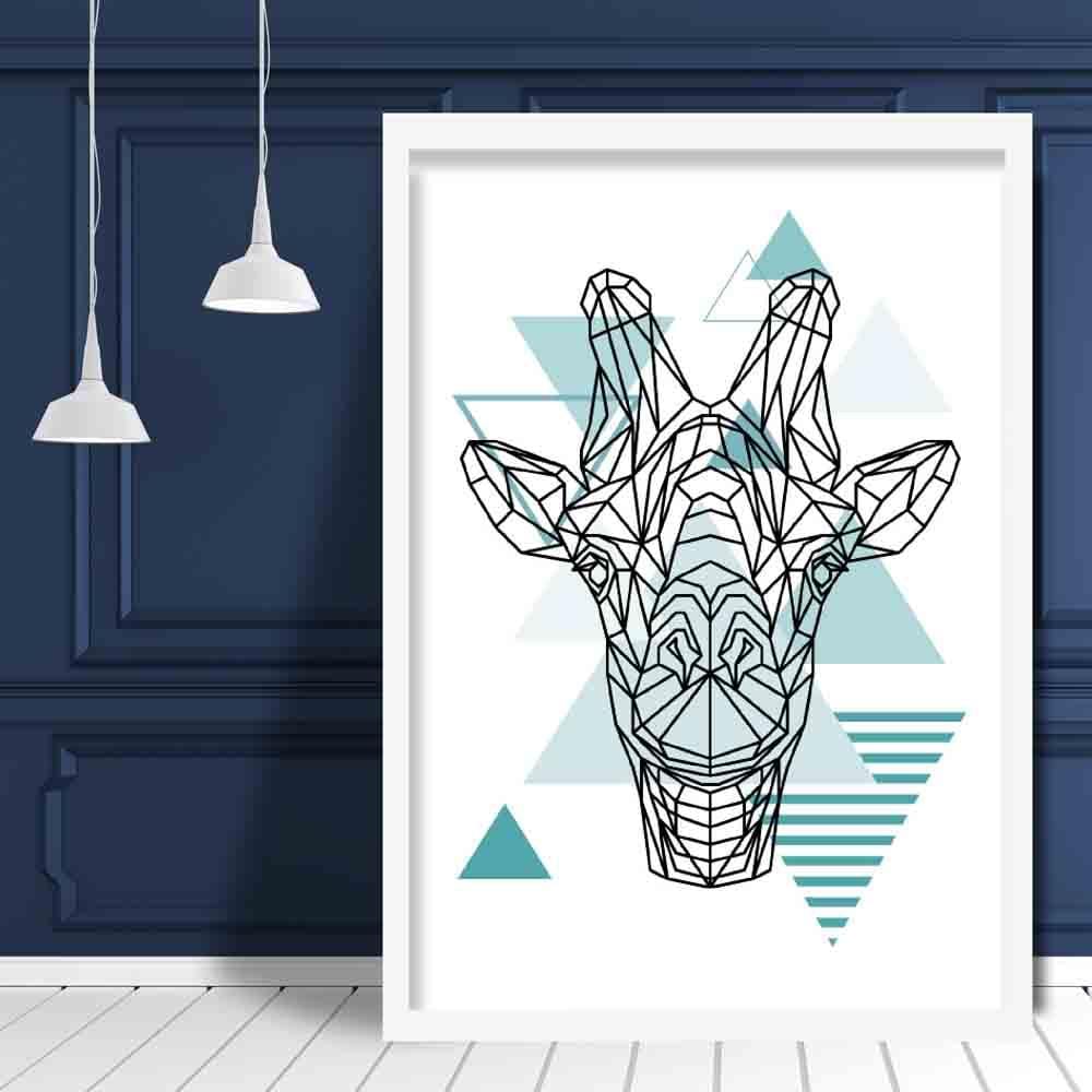 Giraffe Head Abstract Geometric Scandinavian Aqua Blue Poster