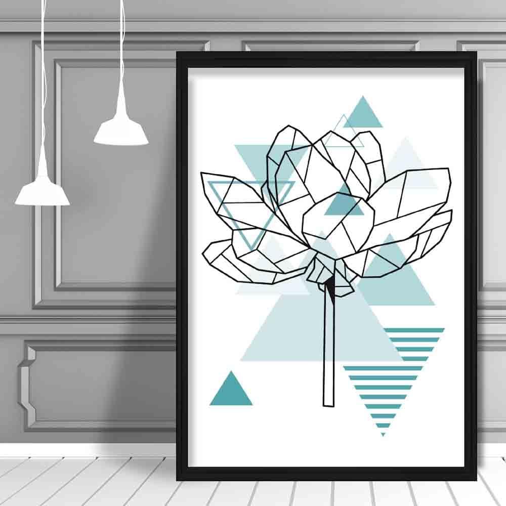 Peony Flower Abstract Geometric Scandinavian Aqua Blue Poster