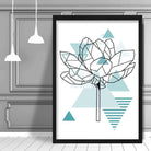 Peony Flower Abstract Geometric Scandinavian Aqua Blue Poster