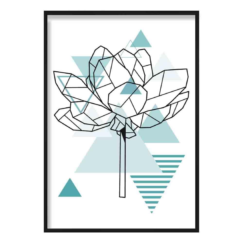 Peony Flower Abstract Geometric Scandinavian Aqua Blue Poster