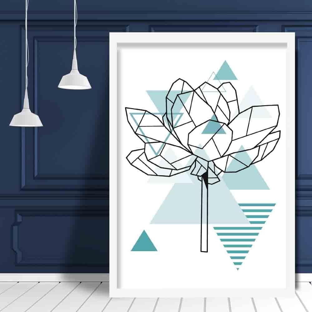 Peony Flower Abstract Geometric Scandinavian Aqua Blue Poster