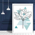 Peony Flower Abstract Geometric Scandinavian Aqua Blue Poster