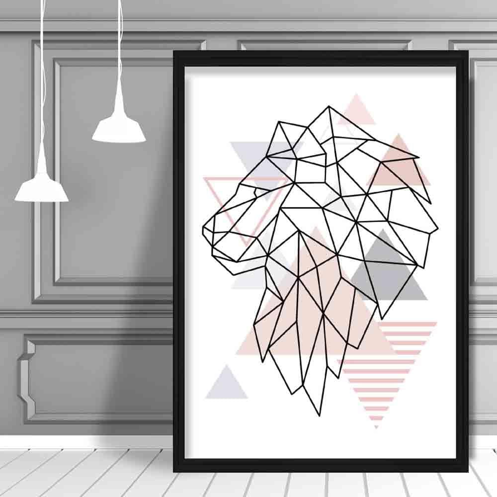 Lion Head Looking Left Abstract Geometric Scandinavian Blush Pink Poster