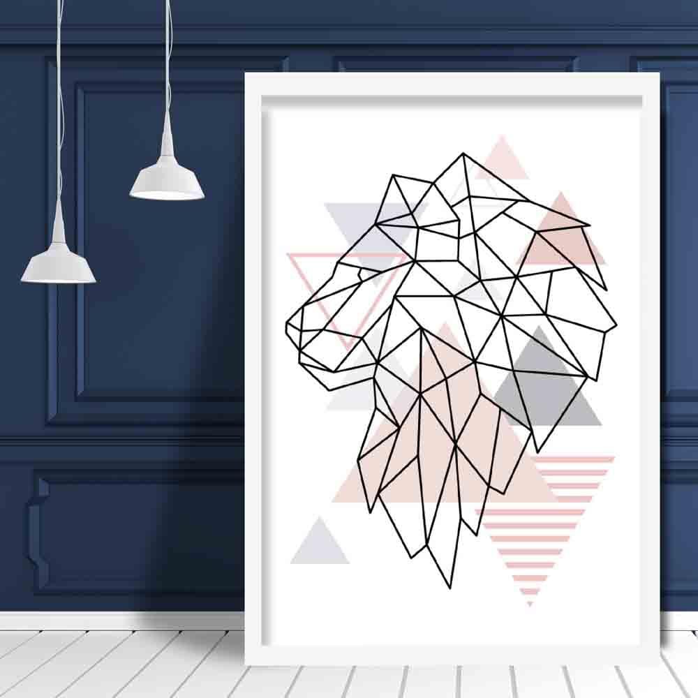 Lion Head Looking Left Abstract Geometric Scandinavian Blush Pink Poster