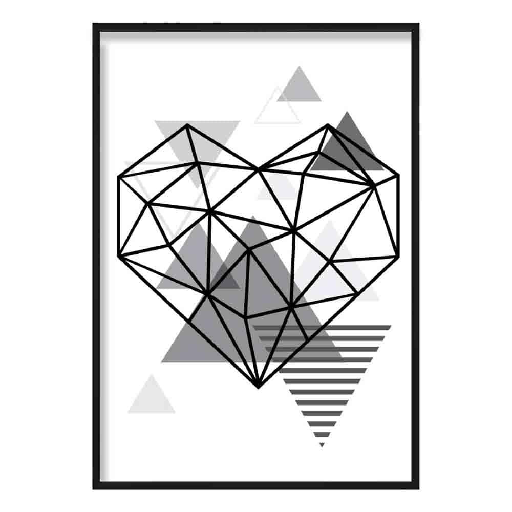 Heart Abstract Geometric Scandinavian Mono Grey Poster