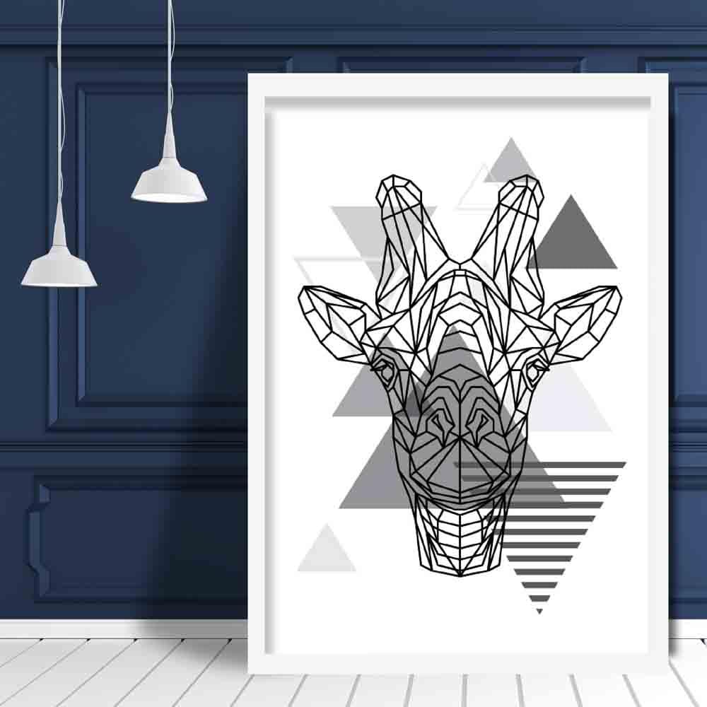 Giraffe Head Abstract Geometric Scandinavian Mono Grey Poster