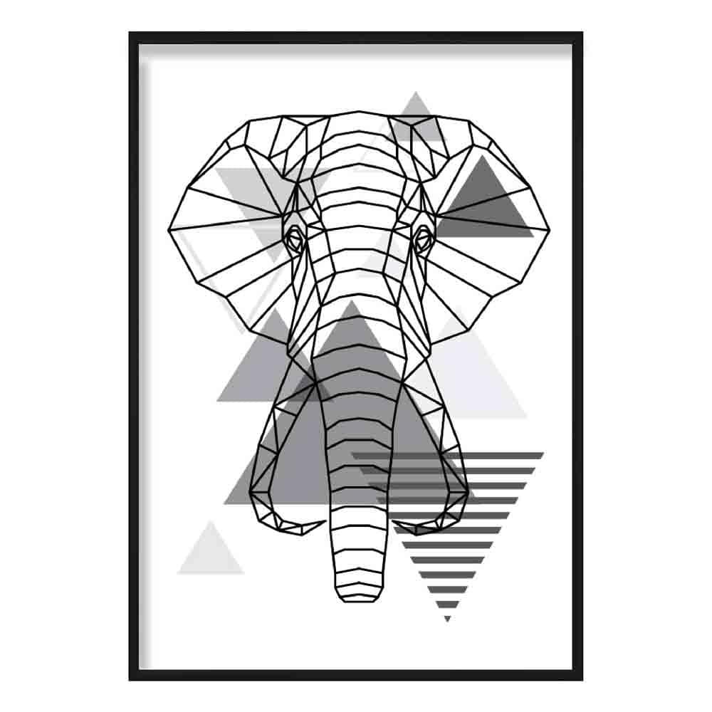 Elephant Head Abstract Geometric Scandinavian Mono Grey Poster