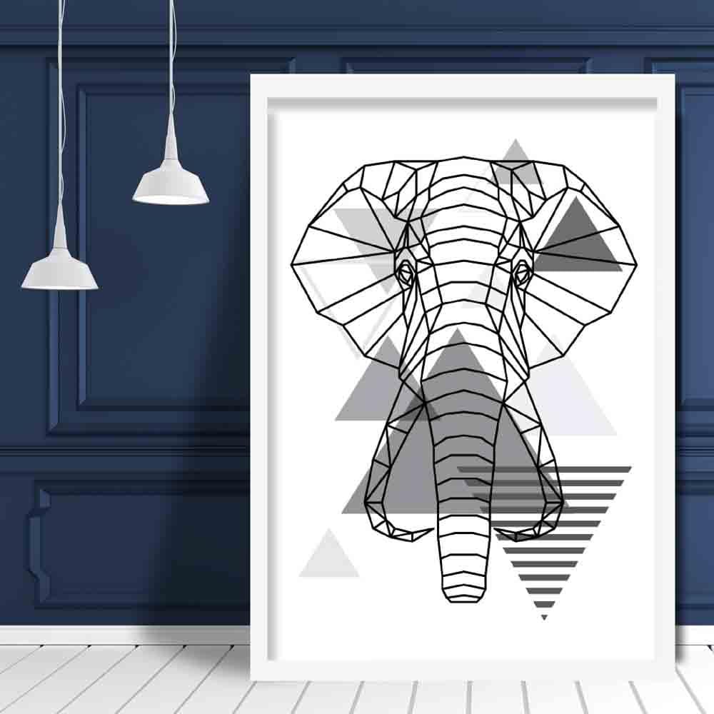 Elephant Head Abstract Geometric Scandinavian Mono Grey Poster