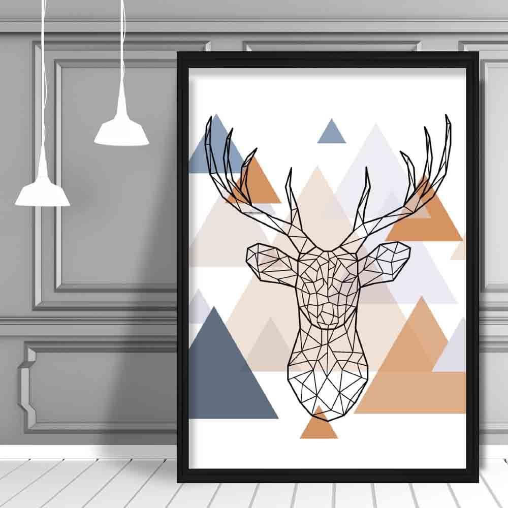 Stag Head Abstract Multi Geometric Scandinavian Blue,Copper Poster