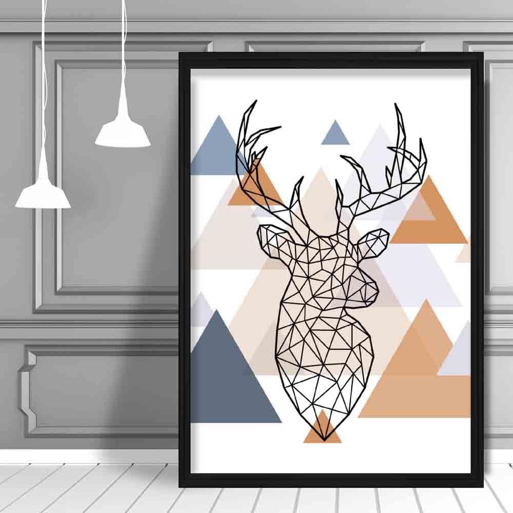 Stag Head Looking Right Abstract Multi Geometric Scandinavian Blue,Copper Poster