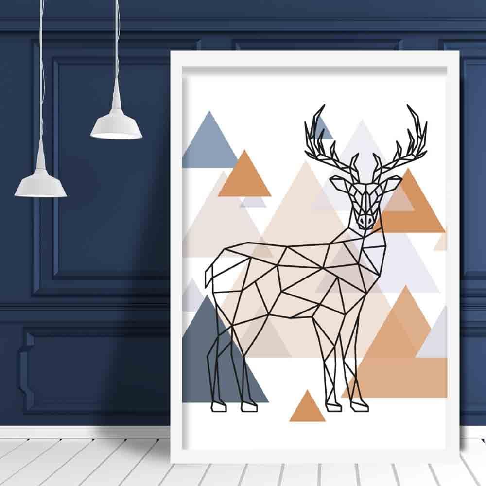 Stag Abstract Multi Geometric Scandinavian Blue,Copper Poster