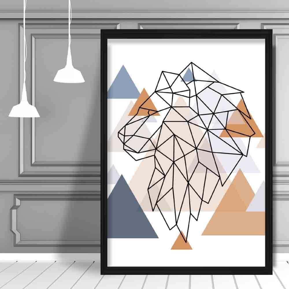 Lion Head Looking Left Abstract Multi Geometric Scandinavian Blue,Copper Poster
