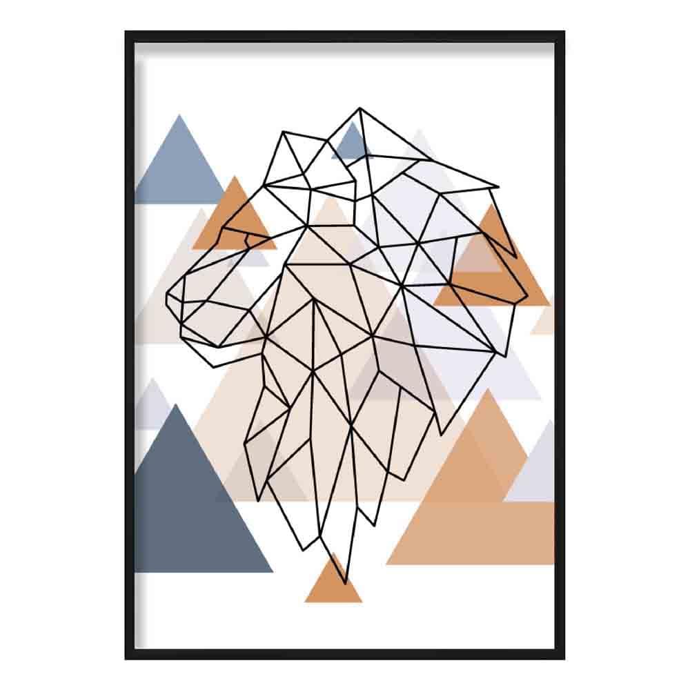 Lion Head Looking Left Abstract Multi Geometric Scandinavian Blue,Copper Poster