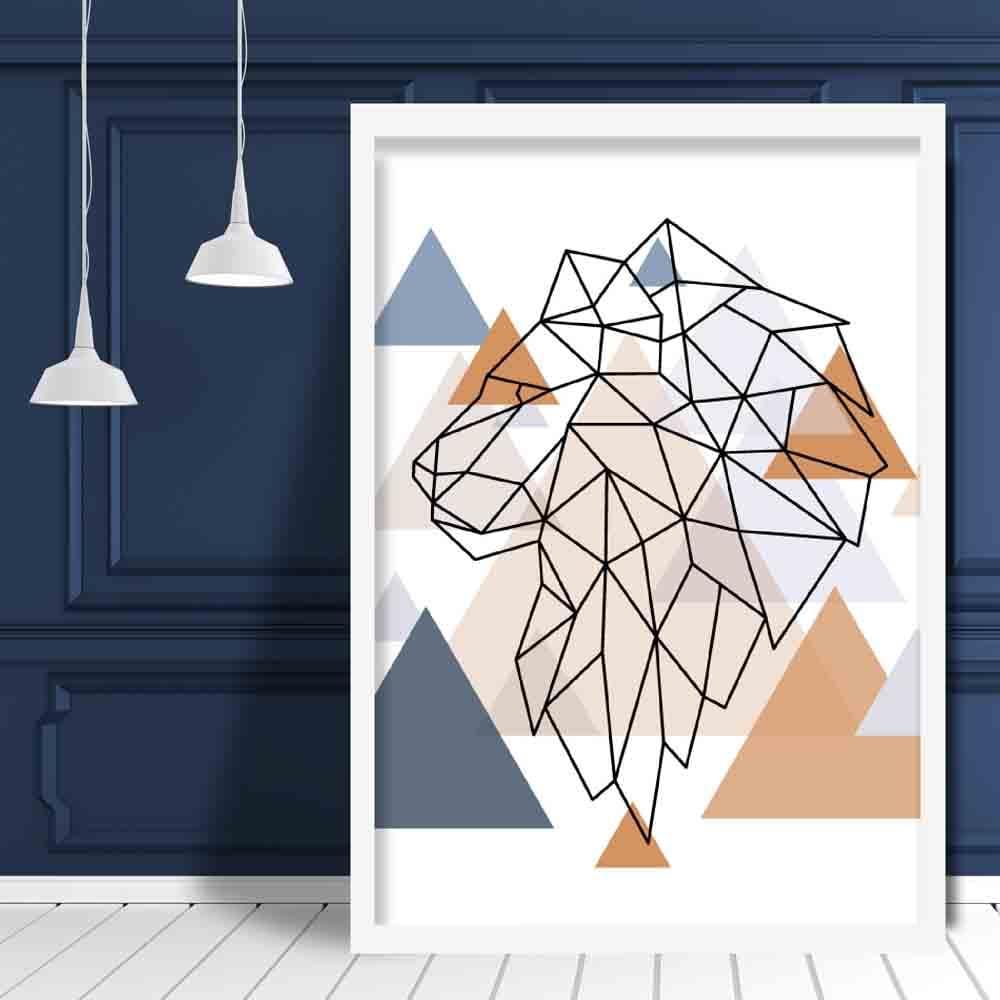 Lion Head Looking Left Abstract Multi Geometric Scandinavian Blue,Copper Poster
