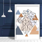 Lion Head Looking Left Abstract Multi Geometric Scandinavian Blue,Copper Poster