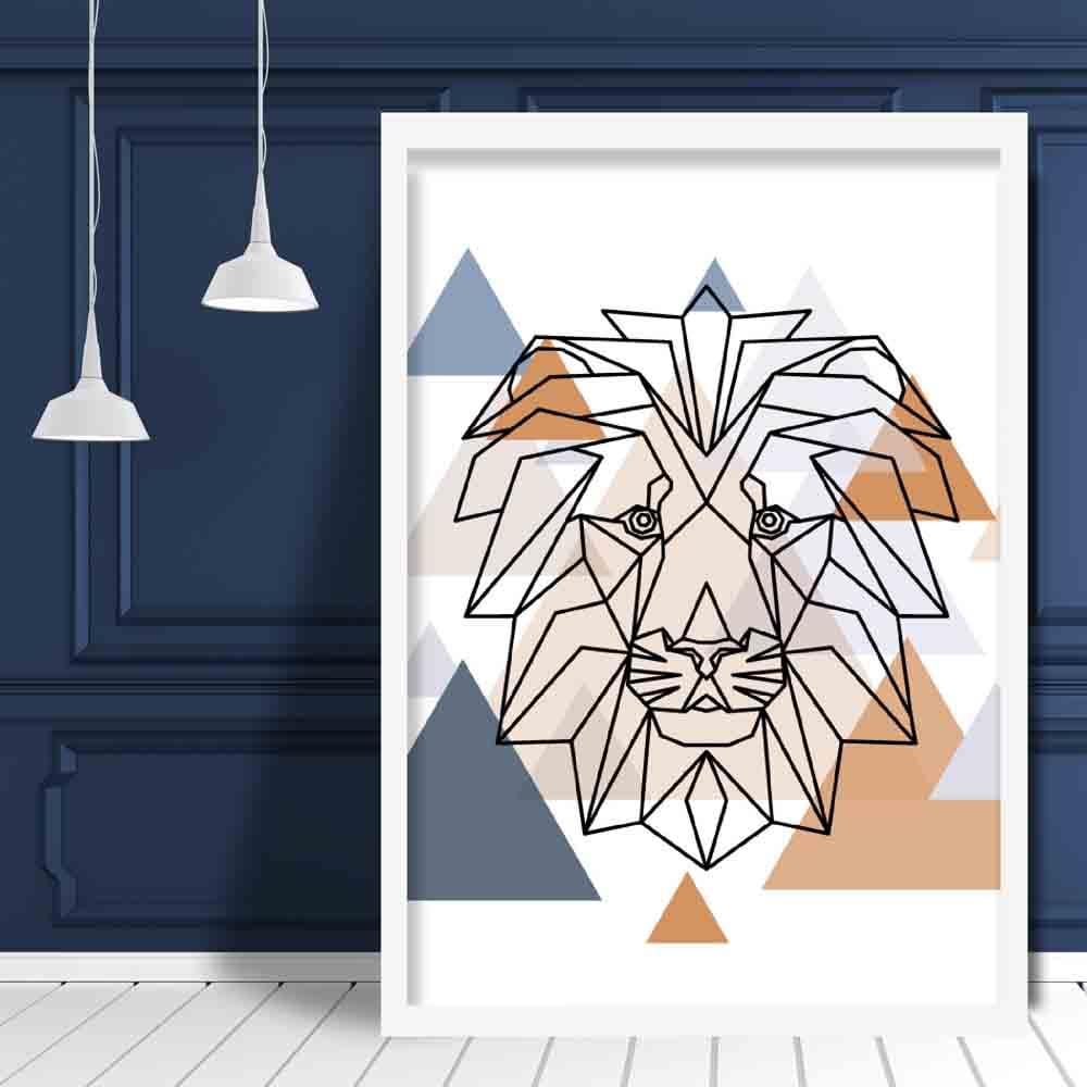 Lion Head Abstract Multi Geometric Scandinavian Blue,Copper Poster