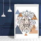Lion Head Abstract Multi Geometric Scandinavian Blue,Copper Poster