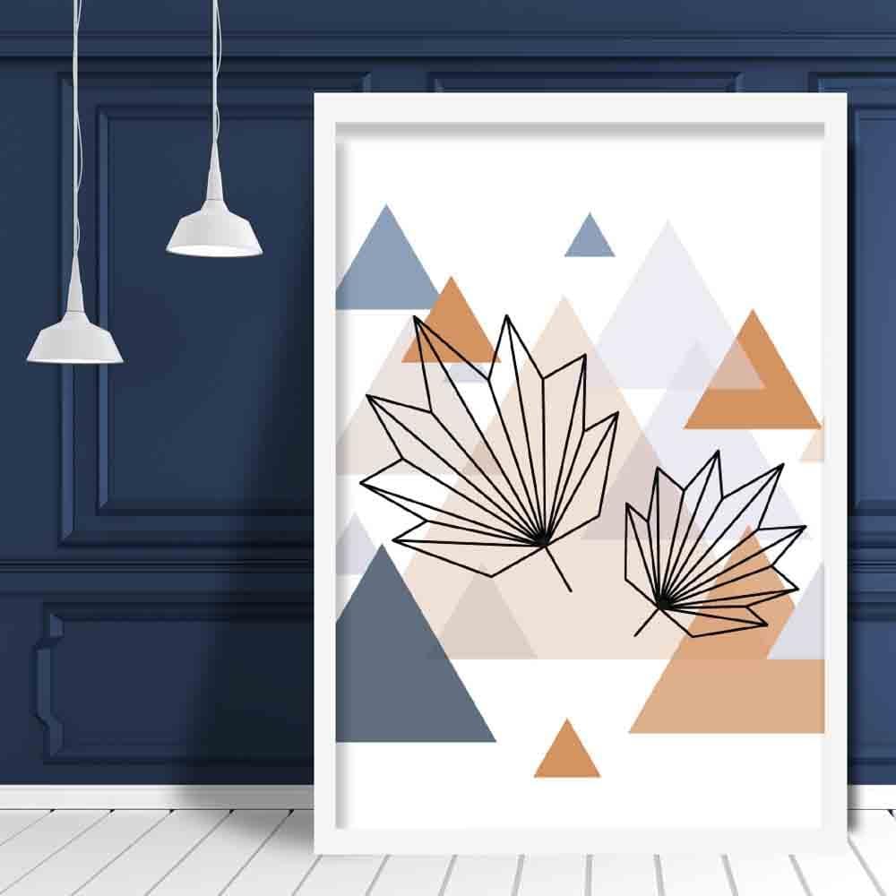 Tropical Leaves Abstract Multi Geometric Scandinavian Blue,Copper Poster