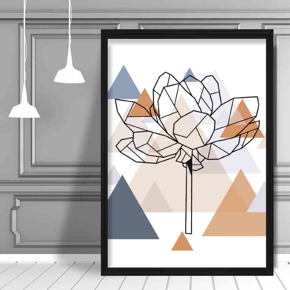 Peony Flower Abstract Multi Geometric Scandinavian Blue,Copper Poster